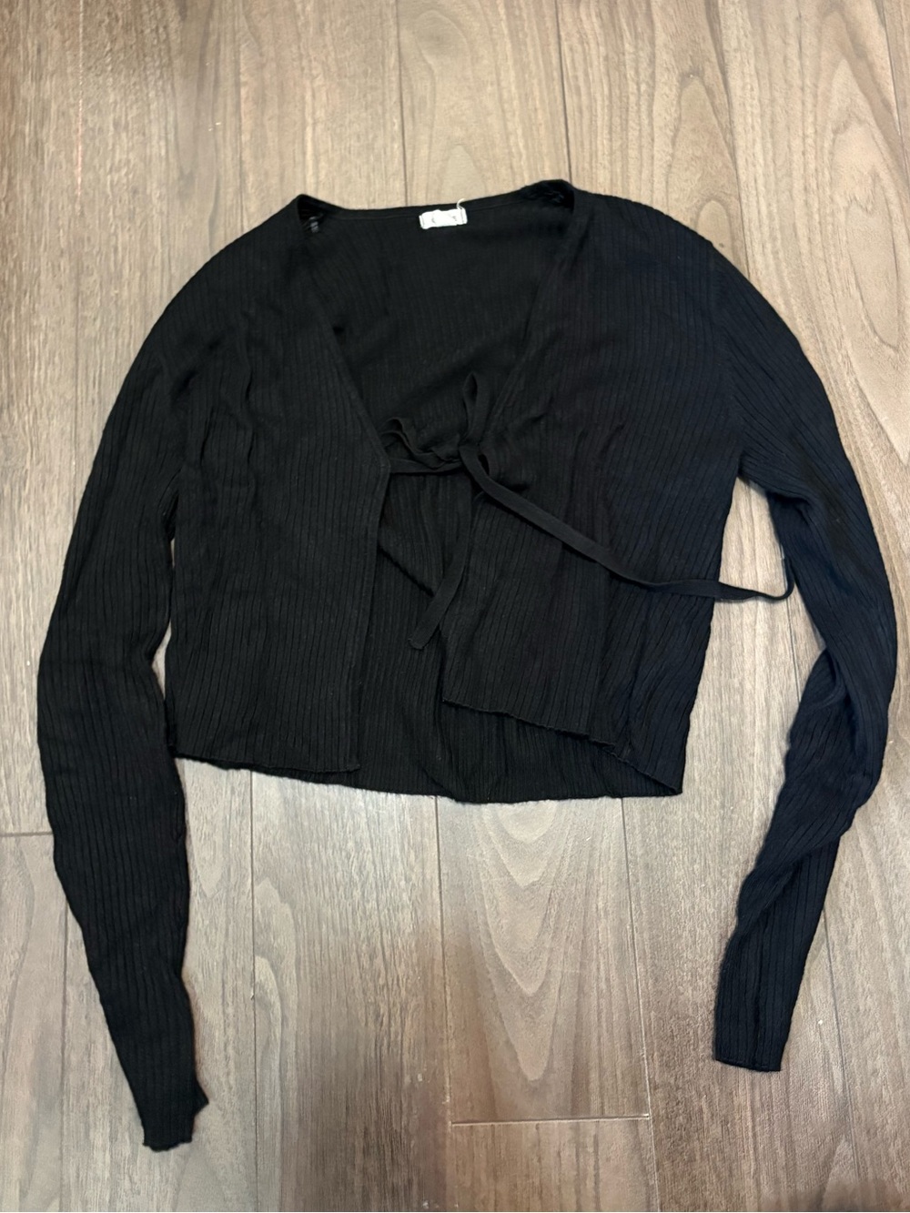 Black Ribbed Tie-Front Long Sleeve Top